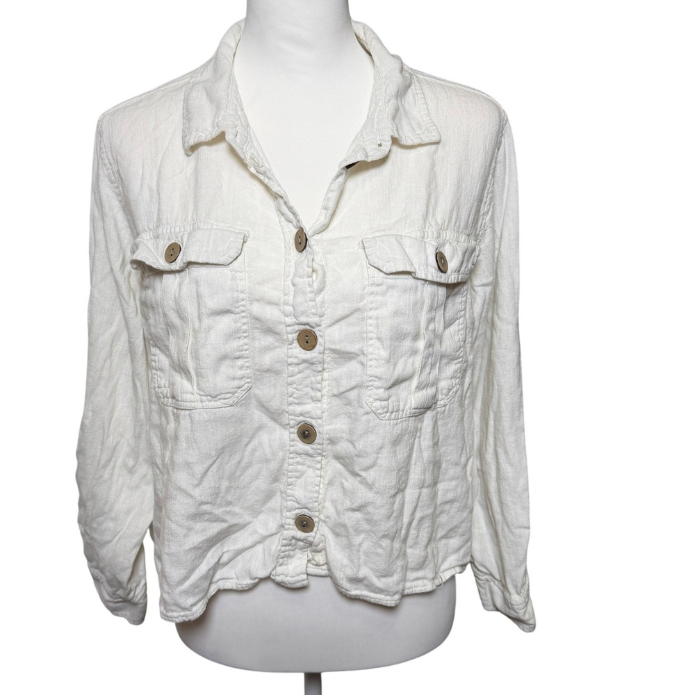 American Eagle White Gauzey Crop‎ Button Down Shirt Women L Boho Beach